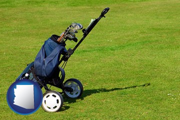 a golf bag on a green fairway - with Arizona icon