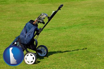 a golf bag on a green fairway - with Delaware icon