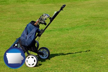 a golf bag on a green fairway - with Iowa icon
