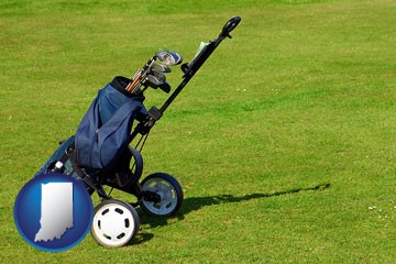 a golf bag on a green fairway - with Indiana icon