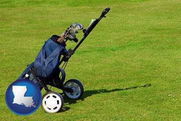 a golf bag on a green fairway - with Louisiana icon