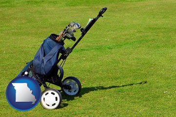 a golf bag on a green fairway - with Missouri icon