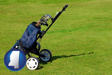 a golf bag on a green fairway - with Mississippi icon