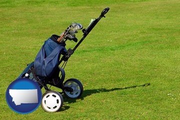 a golf bag on a green fairway - with Montana icon
