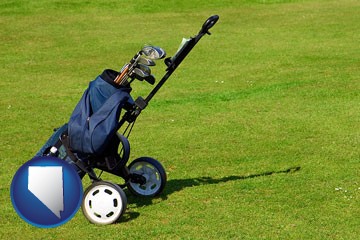 a golf bag on a green fairway - with Nevada icon