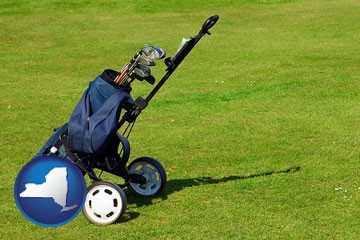 a golf bag on a green fairway - with New York icon
