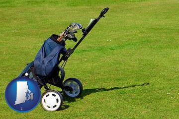a golf bag on a green fairway - with Rhode Island icon