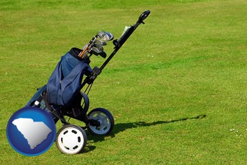 a golf bag on a green fairway - with South Carolina icon