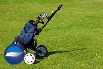 a golf bag on a green fairway - with Tennessee icon