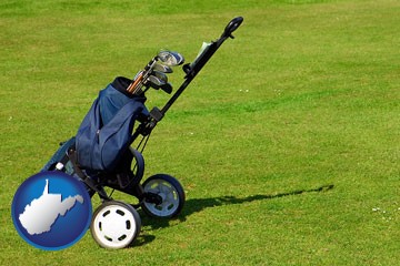a golf bag on a green fairway - with West Virginia icon