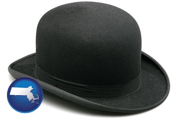 a black bowler hat, isolated on white - with Massachusetts icon