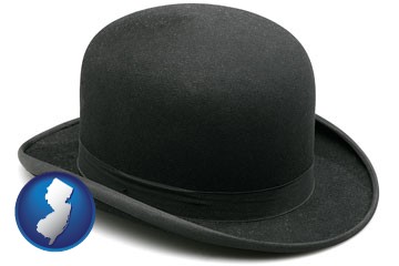 a black bowler hat, isolated on white - with New Jersey icon