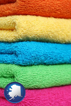 colorful bath towels - with Alaska icon