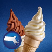 massachusetts map icon and soft chocolate and vanilla ice cream cones
