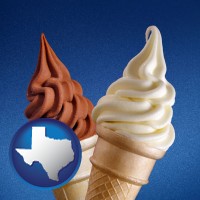 texas map icon and soft chocolate and vanilla ice cream cones