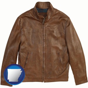 a brown leather jacket - with Arkansas icon