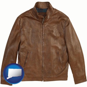a brown leather jacket - with Connecticut icon