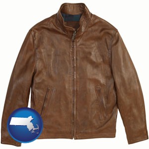 a brown leather jacket - with Massachusetts icon