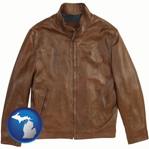 a brown leather jacket - with Michigan icon