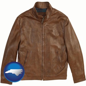a brown leather jacket - with North Carolina icon