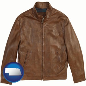 a brown leather jacket - with Nebraska icon