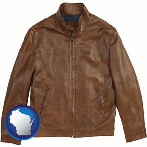 a brown leather jacket - with Wisconsin icon