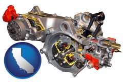 california map icon and an internal combustion motorbike engine