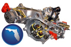 florida map icon and an internal combustion motorbike engine