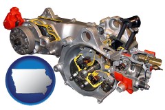 iowa map icon and an internal combustion motorbike engine