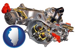 illinois map icon and an internal combustion motorbike engine