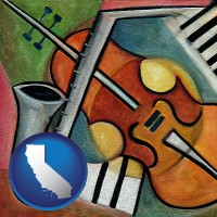 california map icon and musical instruments