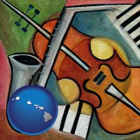 hawaii map icon and musical instruments