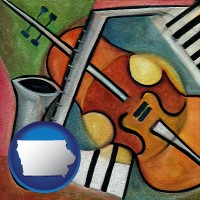 iowa map icon and musical instruments