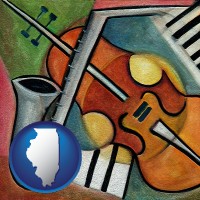 illinois map icon and musical instruments