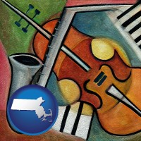 massachusetts map icon and musical instruments