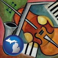 michigan map icon and musical instruments