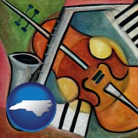 north-carolina map icon and musical instruments