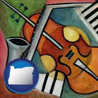 oregon map icon and musical instruments