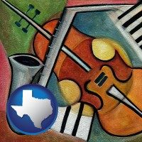 texas map icon and musical instruments