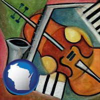 wisconsin map icon and musical instruments