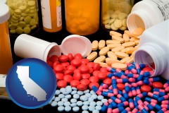 california map icon and pharmaceutical products
