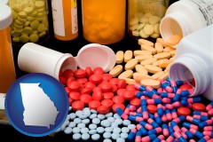 georgia map icon and pharmaceutical products