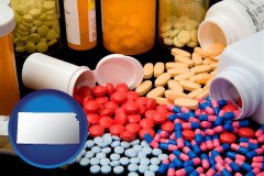 kansas map icon and pharmaceutical products