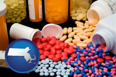 massachusetts map icon and pharmaceutical products