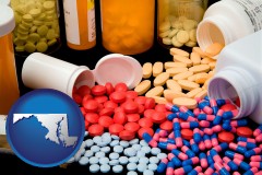 maryland map icon and pharmaceutical products