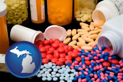 michigan map icon and pharmaceutical products