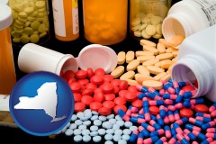 new-york map icon and pharmaceutical products