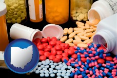 ohio map icon and pharmaceutical products