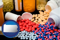 pennsylvania map icon and pharmaceutical products