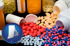 rhode-island map icon and pharmaceutical products